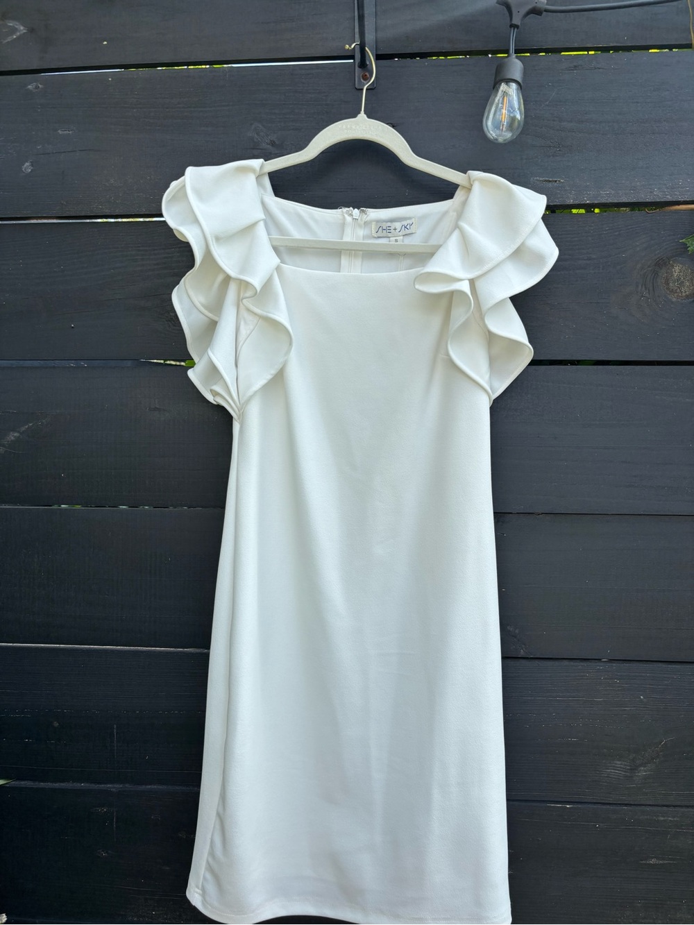 She + Sky Ivory Ruffle Shoulder Shift Mini Dress
